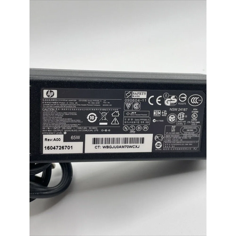 HP 65W Battery Charger And Black Round Barrel A/C Adapter with Power Cord